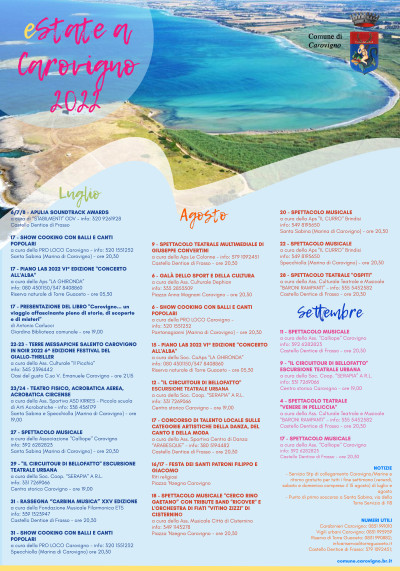Estate 2022 a Carovigno - Da luglio a settembre appuntamenti tra il Borgo e l...